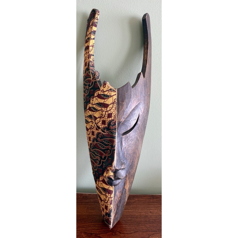 Bali Ethnic Tribal Wood Hand‎ Carved & Fabric Mask Wall Decor Decoration